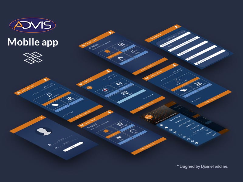 Conception d'interface utilisateur d'une application mobile avec un thème bleu et orange, Algérie